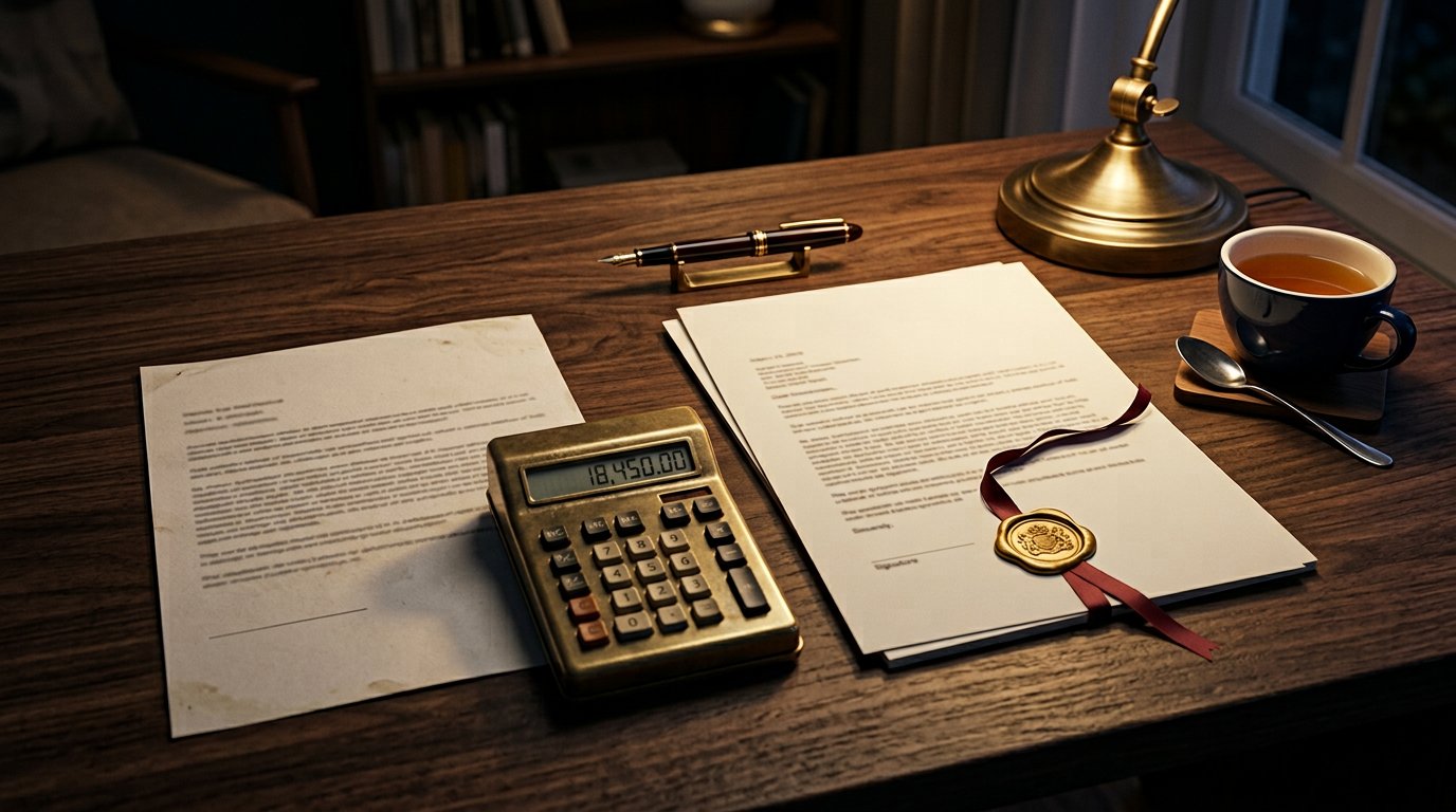 Photograph, flat lay: two printed documents side by side on a dark walnut desk at night — a fee voucher and a sealed offer letter — with a calculator between them