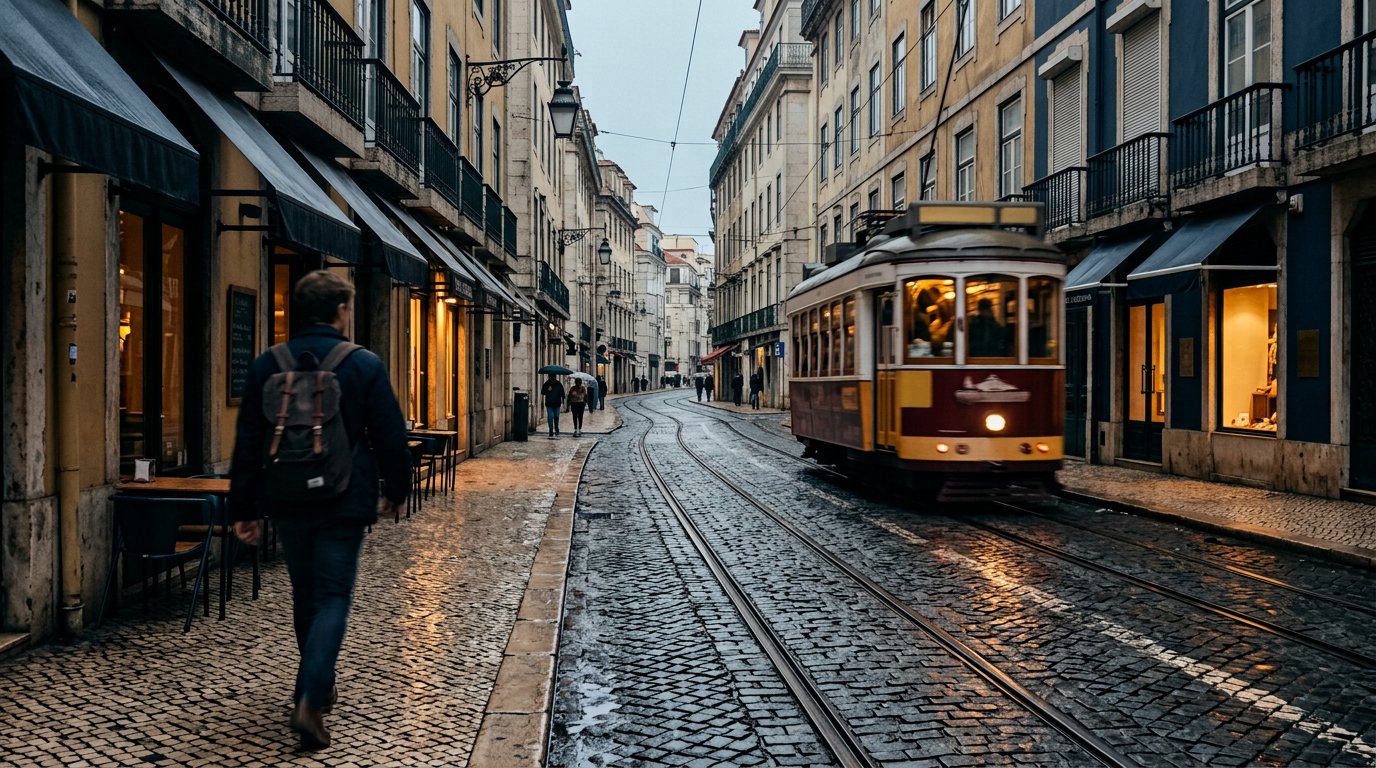 Photograph: a student with a backpack walking a European cobblestone street past a vintage tram on a soft morning