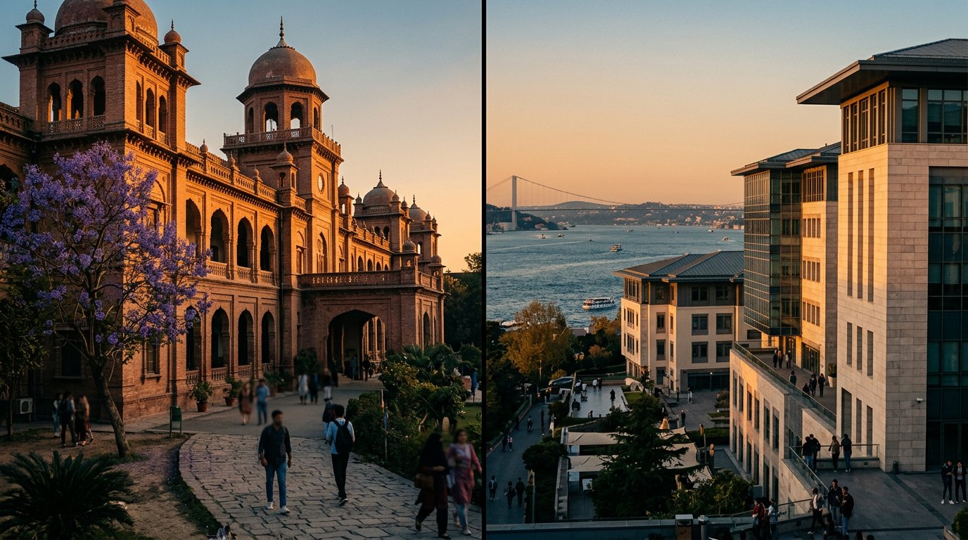 Photograph, split screen: a red-brick Mughal-Gothic Lahore university colonnade on the left and a modern Istanbul campus with the Bosphorus behind it on the right, both in golden-hour light