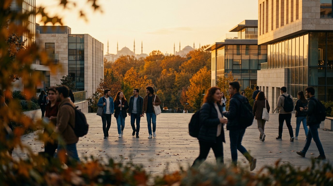 Photograph: a modern Istanbul university campus at golden hour, students walking across a plaza