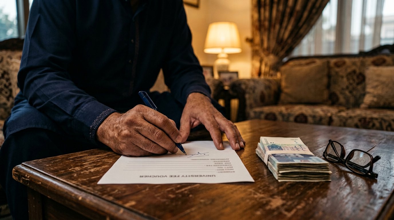 Photograph: a father's hands approving a printed semester fee voucher at a living-room coffee table at dusk, warm lamp light