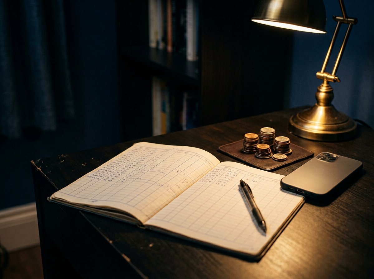 Photograph: a student desk at night with an open budget ledger, a small stack of coins and a glowing phone under warm lamp light