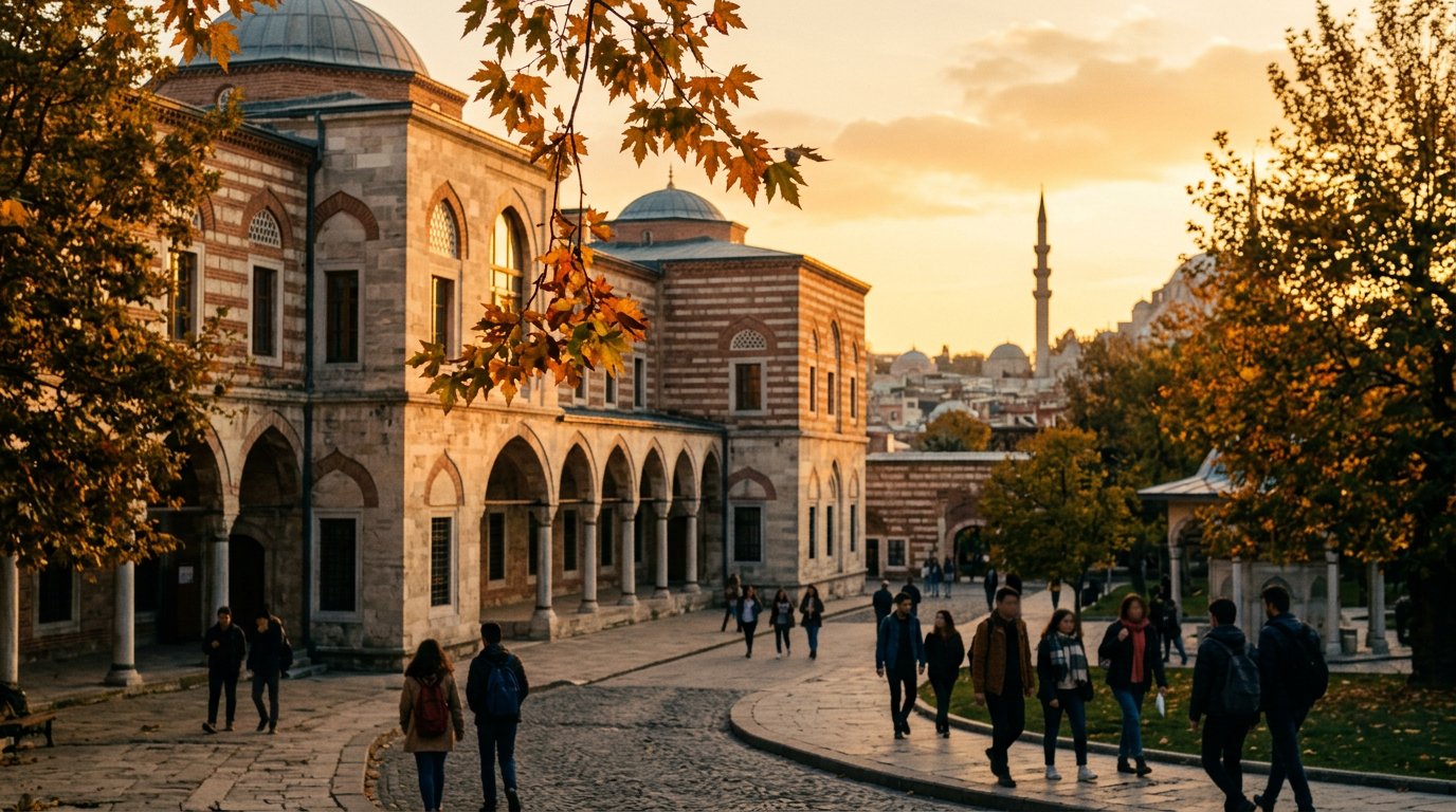 Photograph: a Turkish university campus courtyard at golden hour, students with backpacks walking in the distance