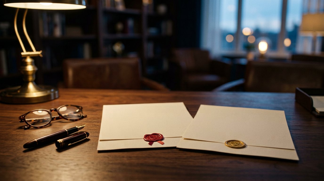 Photograph: two university offer letters on a dark walnut desk, one sealed with a crimson stamp, one with a gold stamp, under warm desk-lamp light