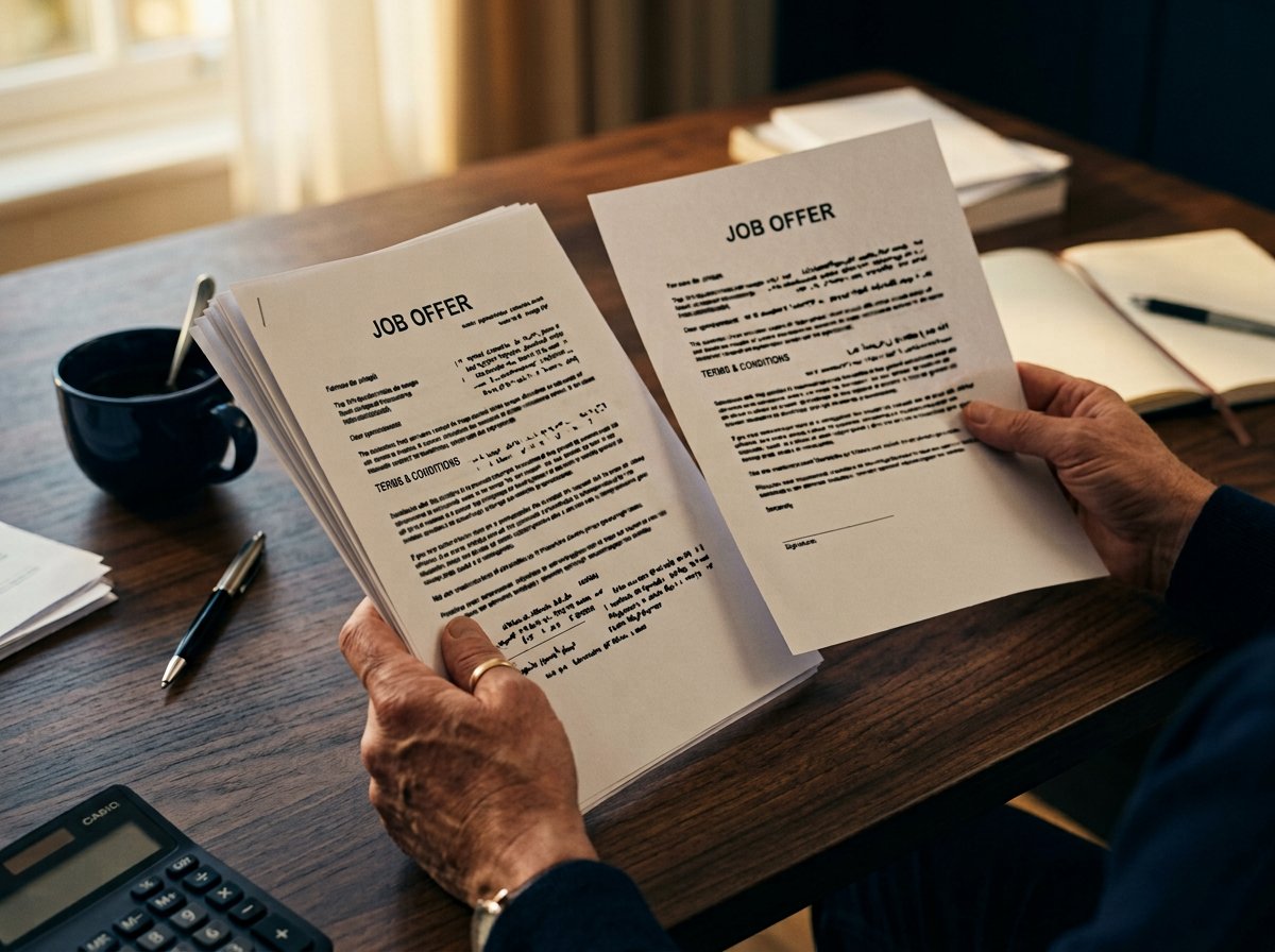 Photograph: a parent's hands holding two printed offer letters side by side above a desk, warm side light, shallow depth of field