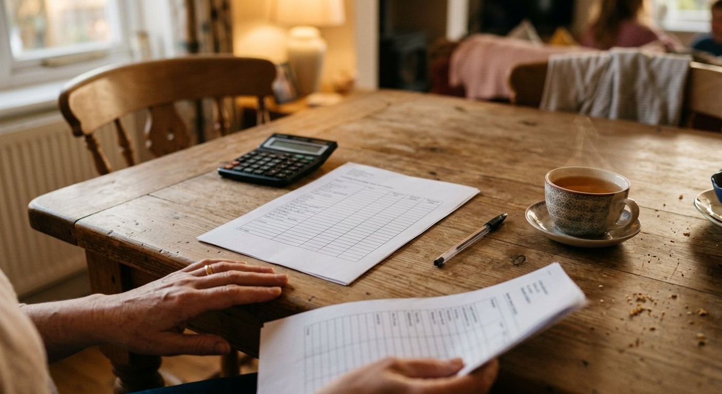 Photograph: a printed one-page work-rules sheet beside a calculator and a cup of tea on a table in warm light