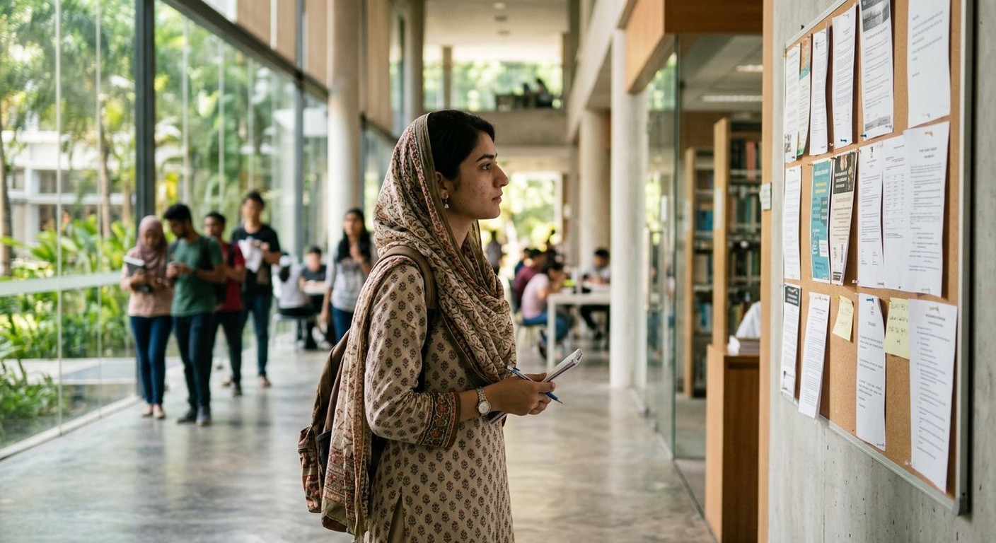 Photograph: a young Pakistani student in a university library reading a part-time work notice board in warm afternoon light
