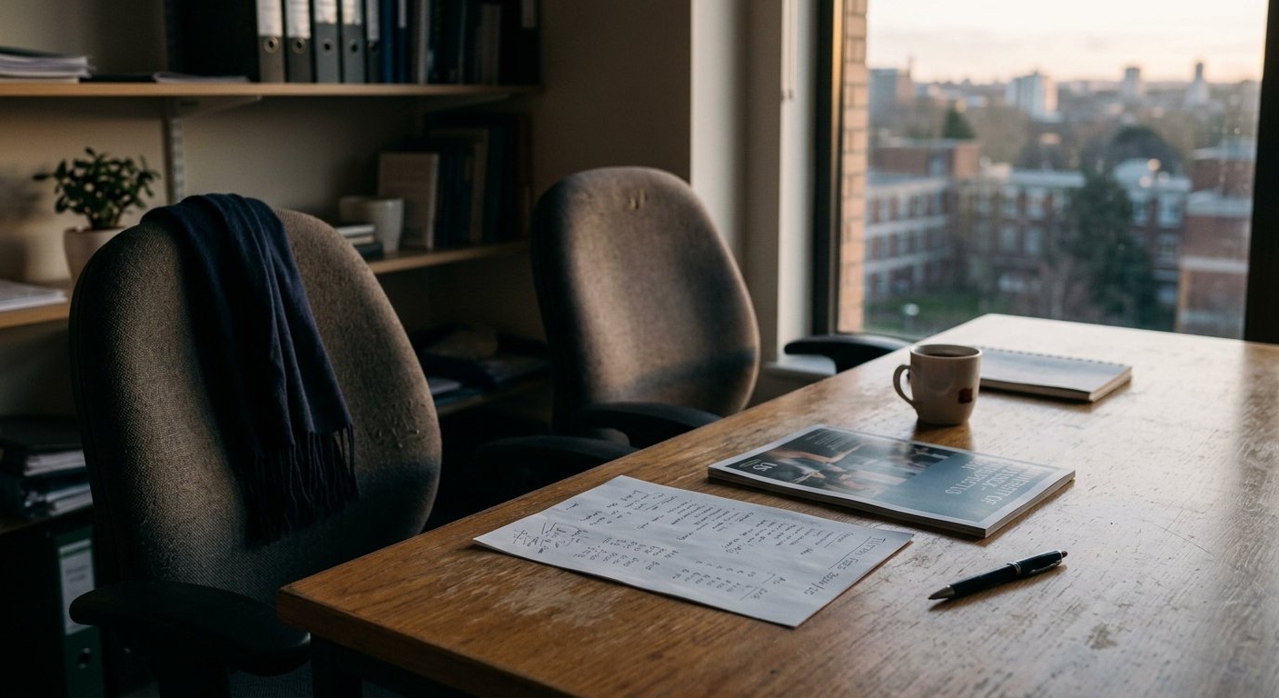 Photograph: a quiet office desk at the end of a meeting — a written fee sheet, a university prospectus and a pen laid down, two chairs still pulled up