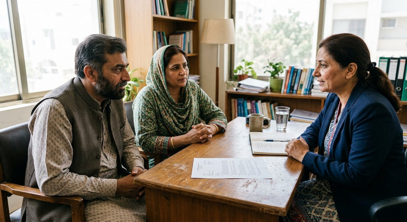 Photograph: a Pakistani father and mother sitting across an office desk from a counsellor, a written fee sheet on the desk between them, daylight from a window