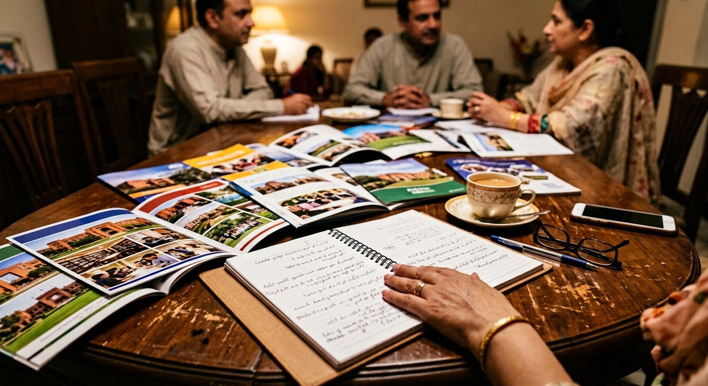 Photograph: university brochures spread across a family table beside a notebook of handwritten questions, in warm evening light