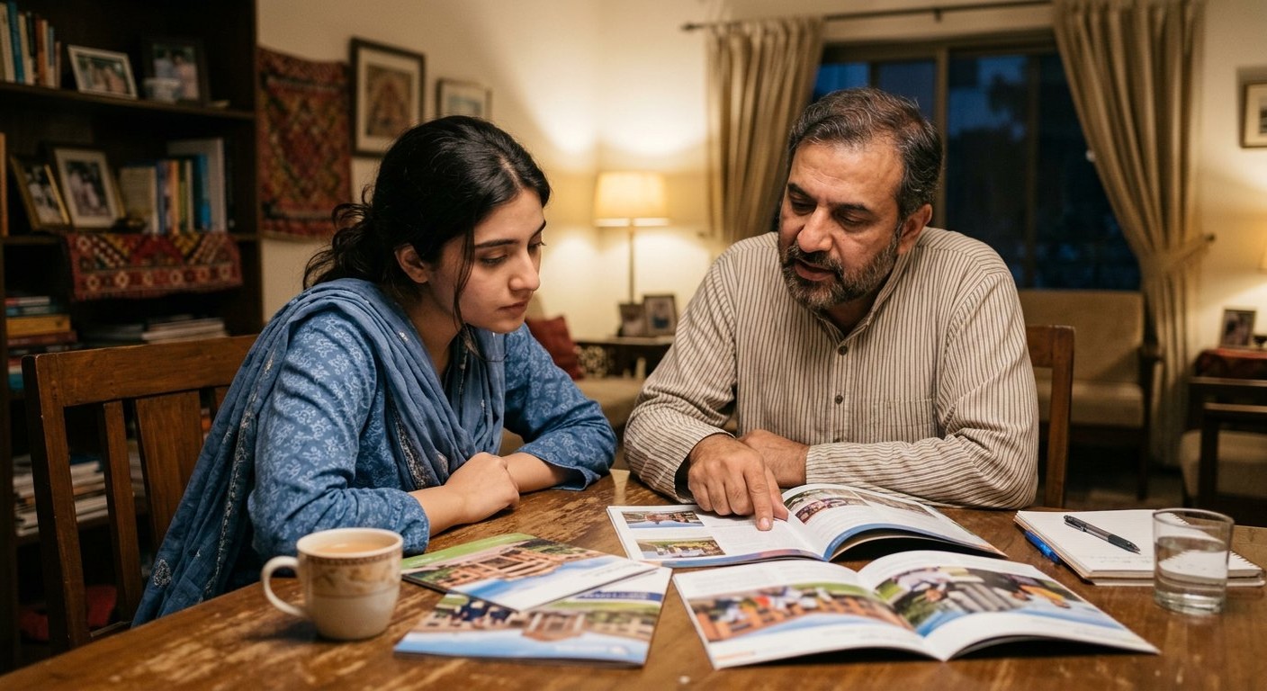 Photograph: a young Pakistani student and her father comparing university brochures at a family table in warm evening light