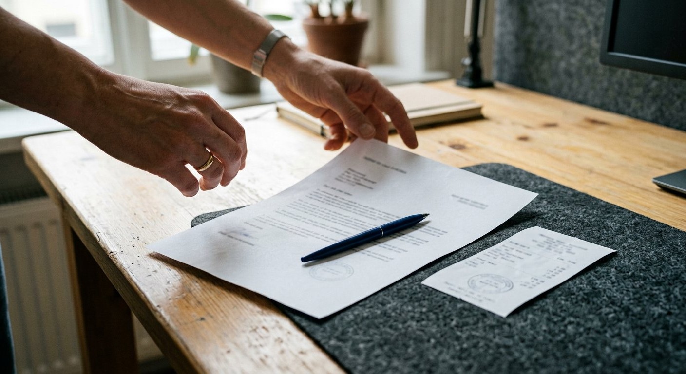 Photograph: an offer letter under a pen on a desk, a receipt beside it, in plain daylight