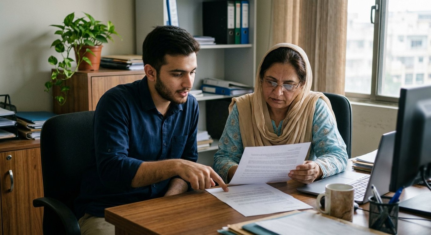 Photograph: a young Pakistani student and his mother reading an offer letter carefully at an office desk in daylight