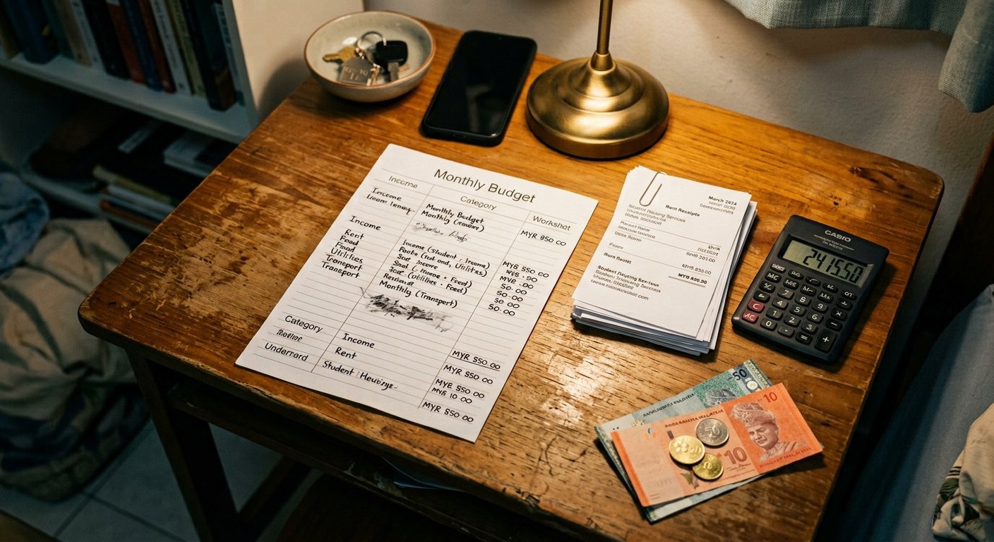 Photograph: a monthly budget worksheet beside rent receipts and a calculator on a small table in warm light