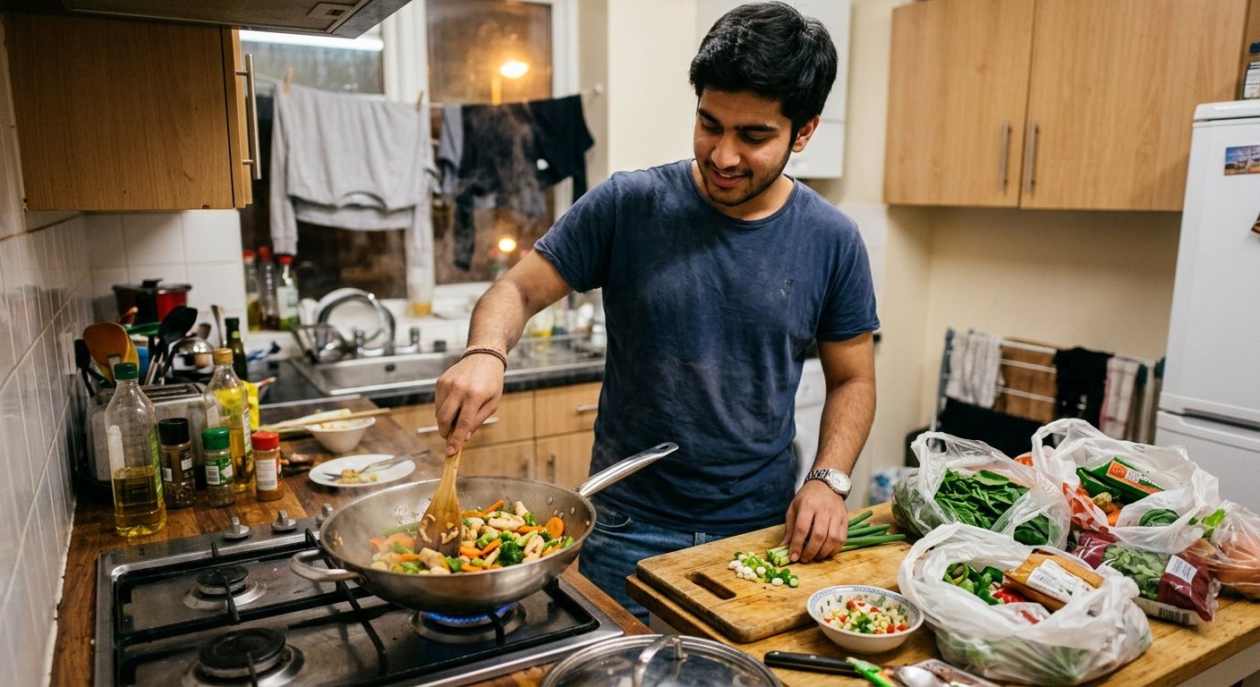 Photograph: a young Pakistani student cooking in a shared student kitchen, groceries on the counter, in warm evening light