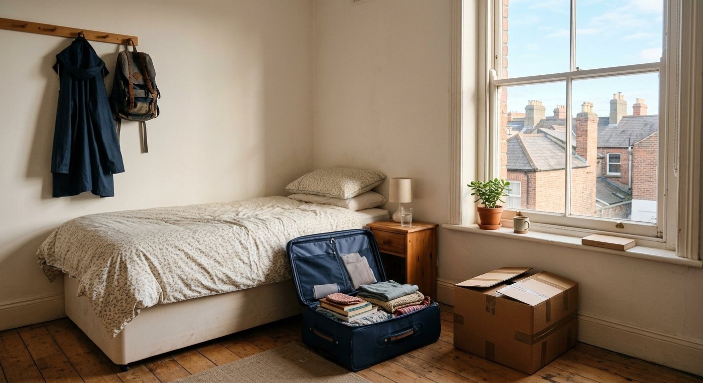 Photograph: a bright student room with a made bed, an open suitcase and moving boxes, morning light through a sash window