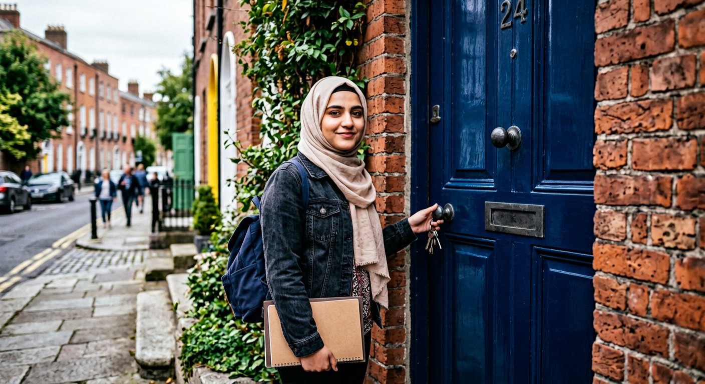 Photograph: a young Pakistani student holding keys and a folder outside a red-brick Georgian townhouse door in Dublin, in soft afternoon light