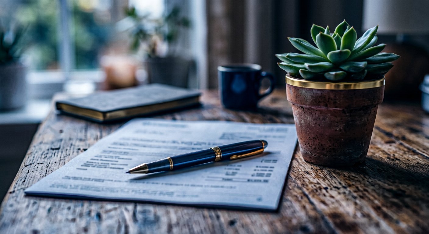 Photograph: a pen resting on a bank statement beside a small plant in morning light
