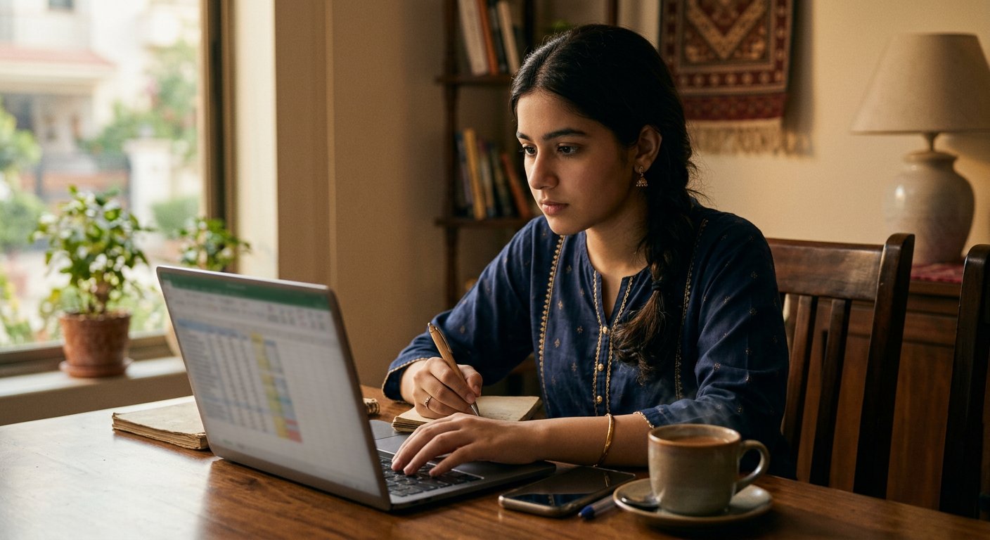 Photograph: a young woman student at a dining table with a laptop and tea, planning under warm home light