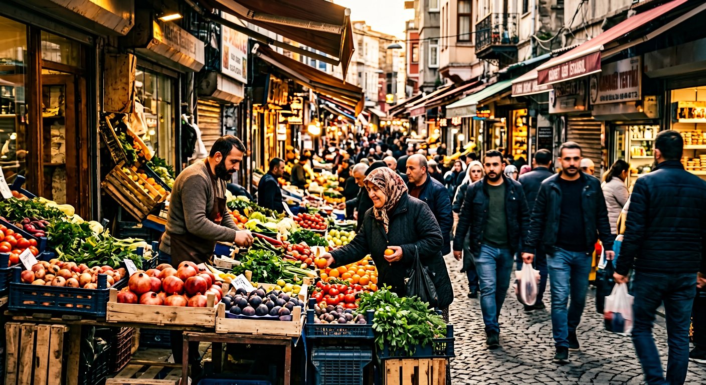 Photograph: a street market in Turkey with produce stalls and locals in golden evening light