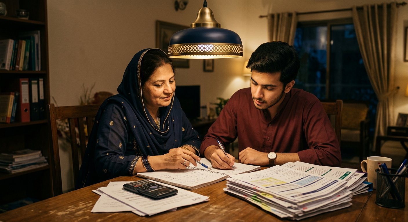 Photograph: a parent and student planning a budget with notebook, calculator and documents at a home table