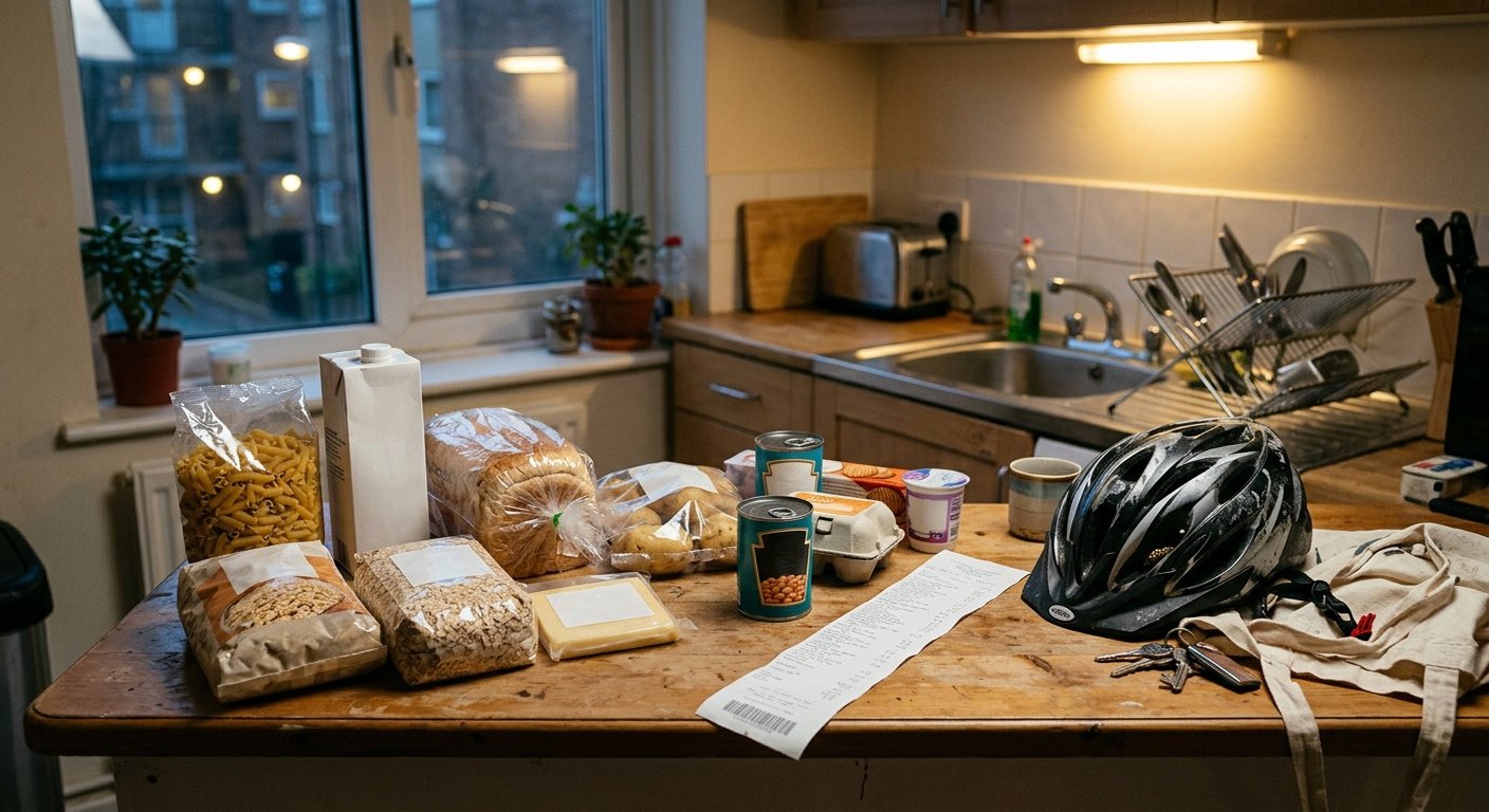 Photograph: a student supermarket shop on a small kitchen counter — own-brand items, a receipt, a bicycle helmet — evening light, living costs visible