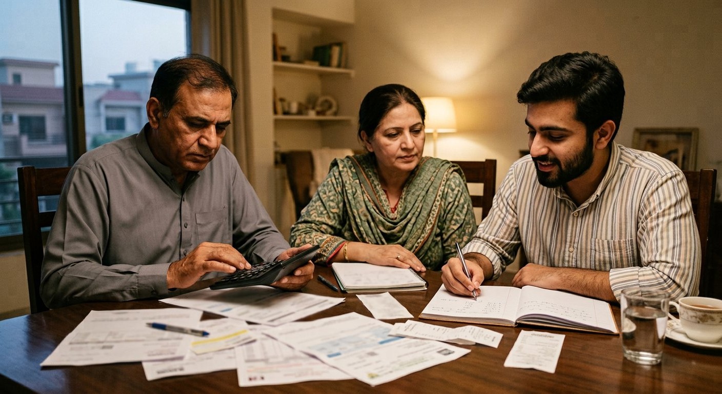 Photograph: a Pakistani family of three at a table with a calculator, notebooks and a spread of bills and fee letters, working through a budget together