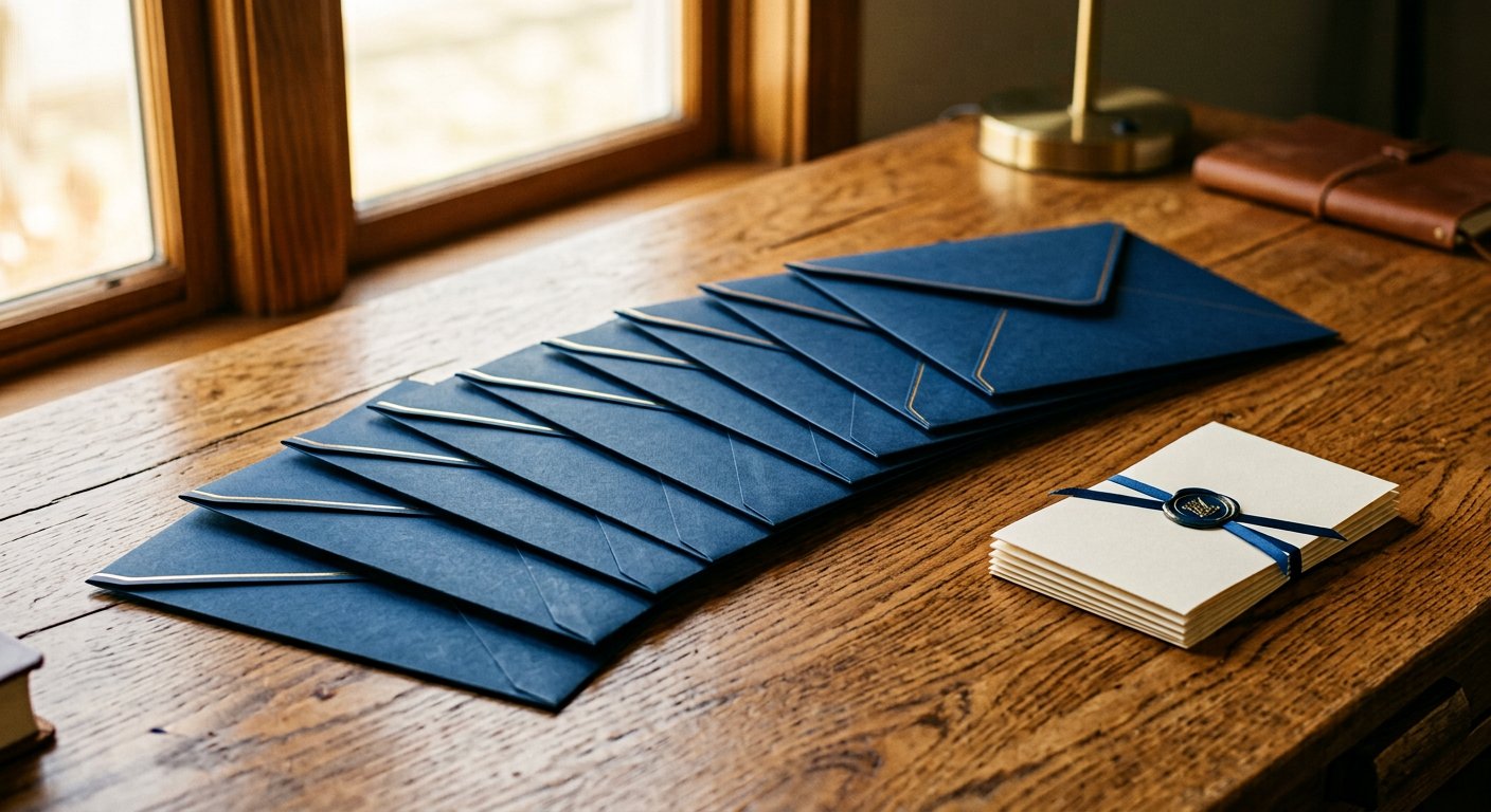 Photograph: ten crisp document envelopes fanned in a row on a desk beside a stack of sealed certificates