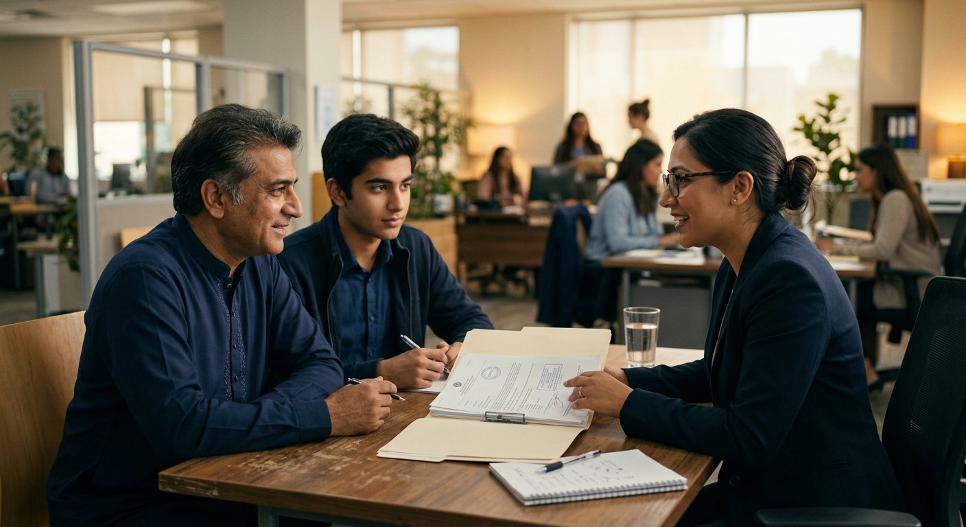 Photograph: a father and his university-age son at a consultation desk with an open folder of stamped documents