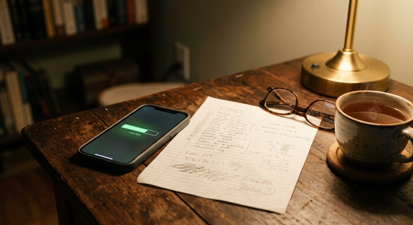 Photograph: a smartphone showing a progress bar beside a handwritten stage list on a desk in warm evening light