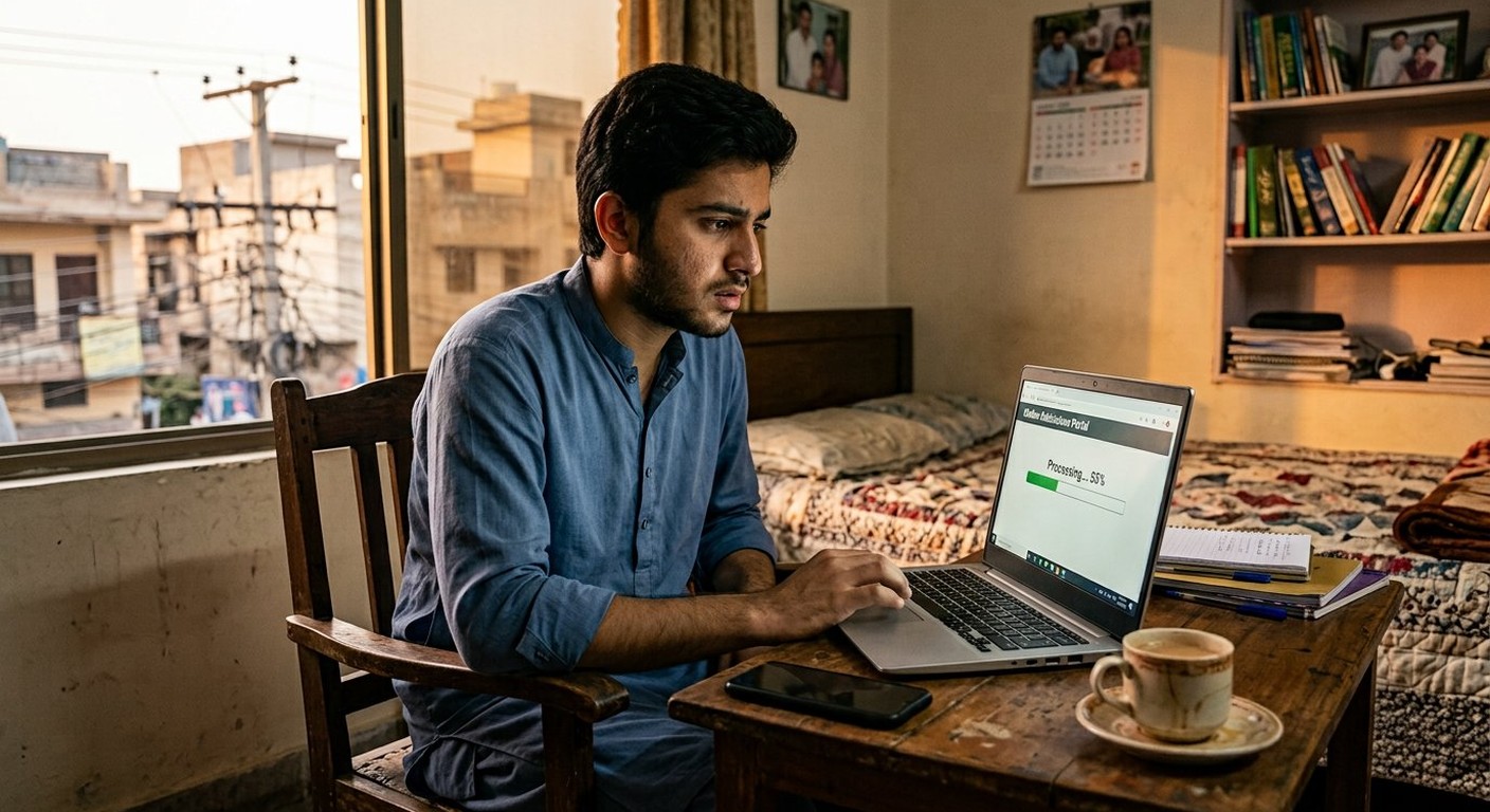 Photograph: a young Pakistani student at a desk watching a progress bar on a laptop screen in warm evening light