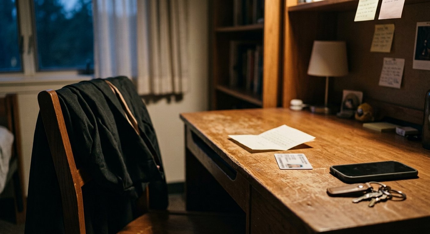 Photograph: a graduation gown draped over a chair beside a registration card and a letter on a desk, in soft evening light