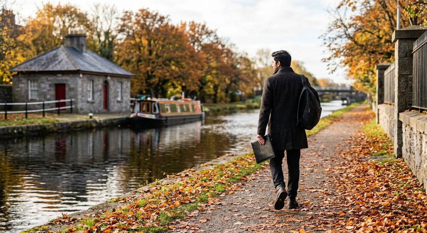 Photograph: a young Pakistani graduate in a dark coat carrying a black certificate folder, walking beside the Grand Canal in Dublin in autumn light