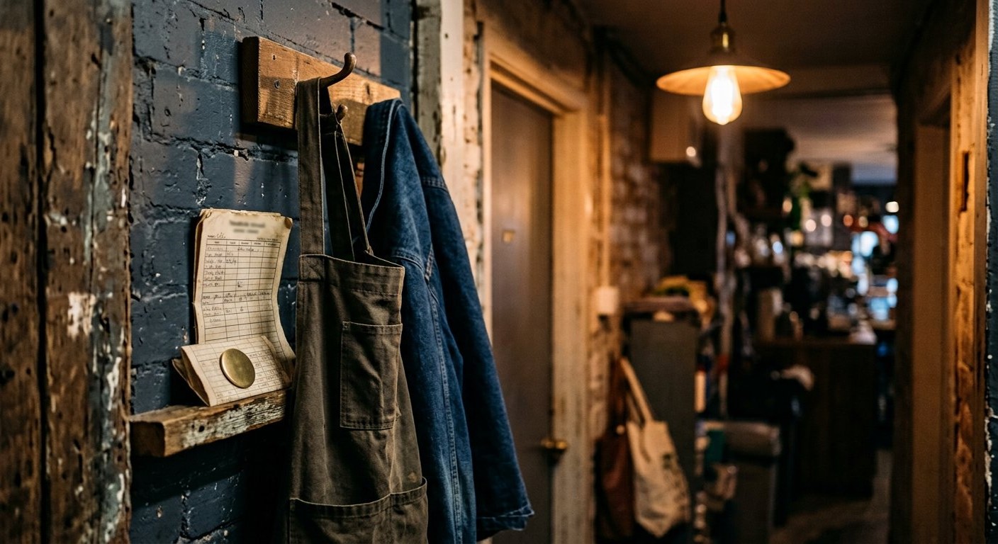Photograph: a student's apron and name badge on a hook beside a folded timetable in a staff corridor, warm light