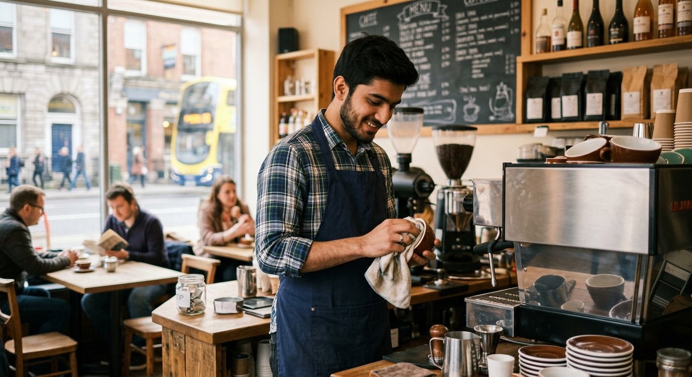 Photograph: a young Pakistani student in an apron working behind a café counter in Dublin, afternoon light through the window