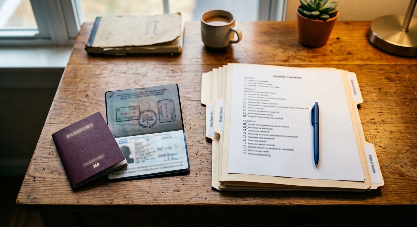 Photograph: two passports and a stack of neatly tabbed document folders on a desk, one folder open to a checklist page, in warm light