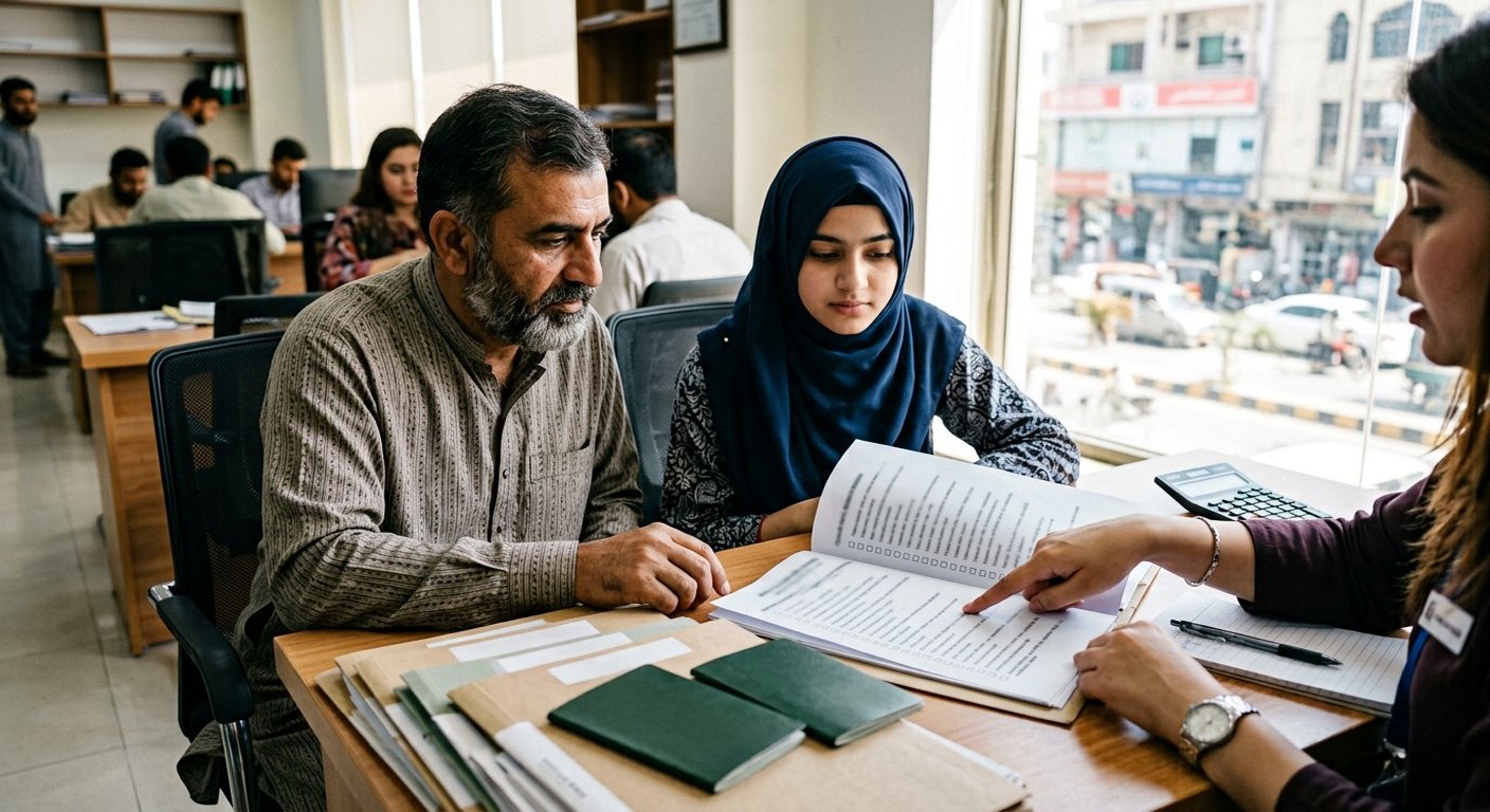 Photograph: a young Pakistani student and her father arranging document folders and passports on an office desk beside a counsellor, bright daylight