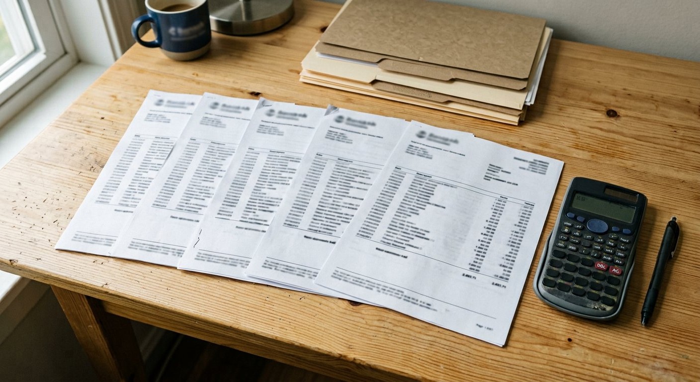 Photograph: six months of bank statements fanned beside a calculator and a pen on a desk, in soft daylight