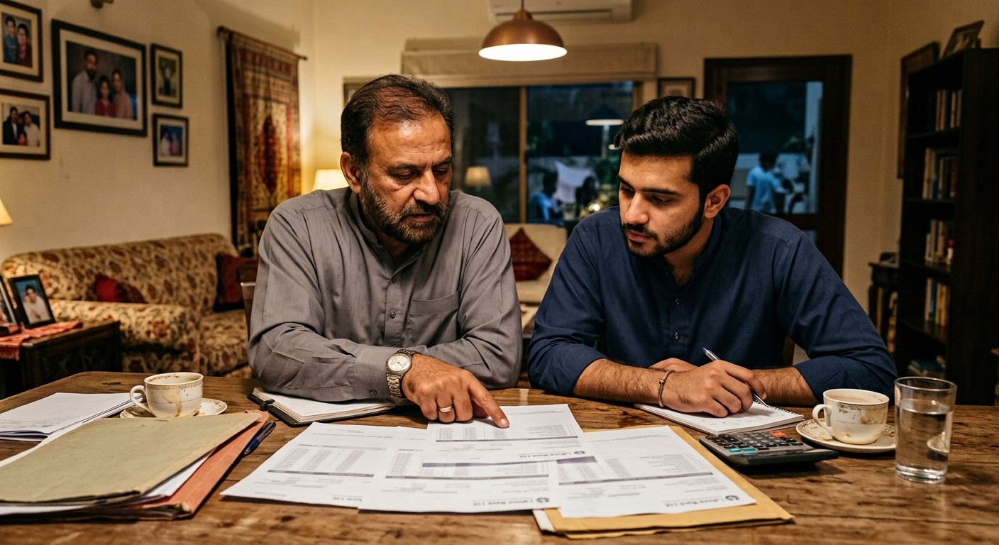 Photograph: a Pakistani father and his son reviewing bank statements and folders at a family dining table in warm evening light