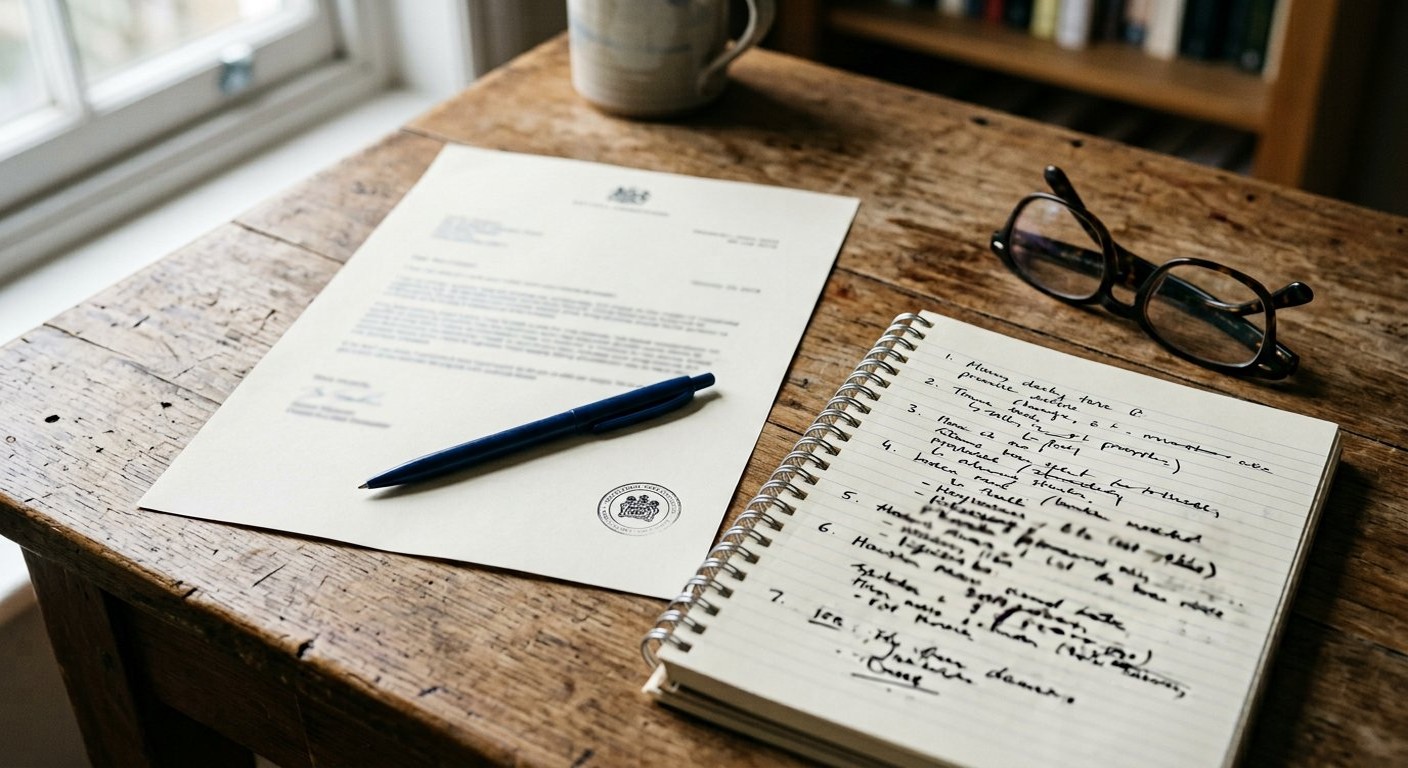 Photograph: a printed refusal letter beside a pen and a ringed notebook of numbered notes on a desk, in soft daylight