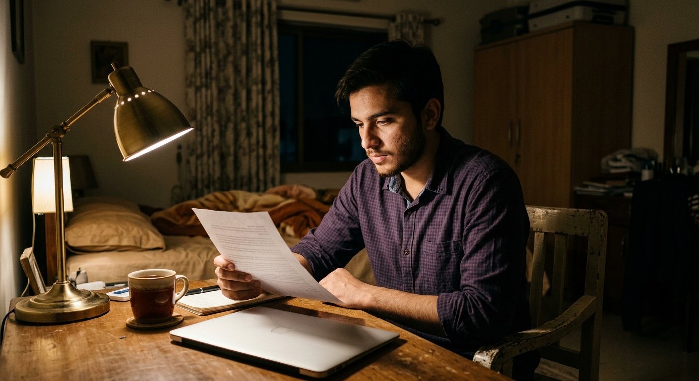 Photograph: a young Pakistani man at a desk reading a printed letter under a desk lamp at night, a laptop beside him, in quiet lamplight
