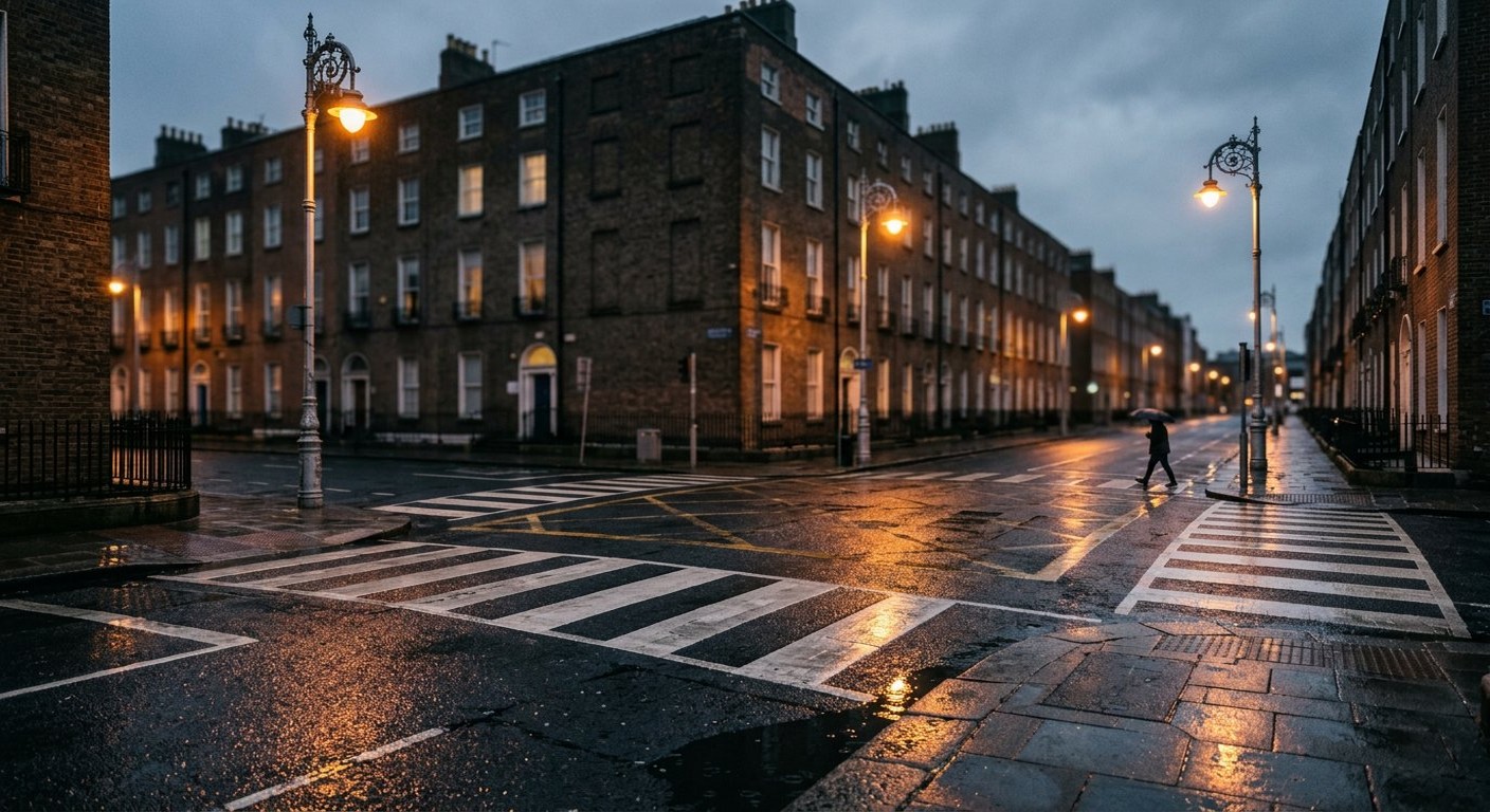 Photograph: a wet Dublin street corner at dusk with two directions of pedestrian crossing lit by warm street lamps