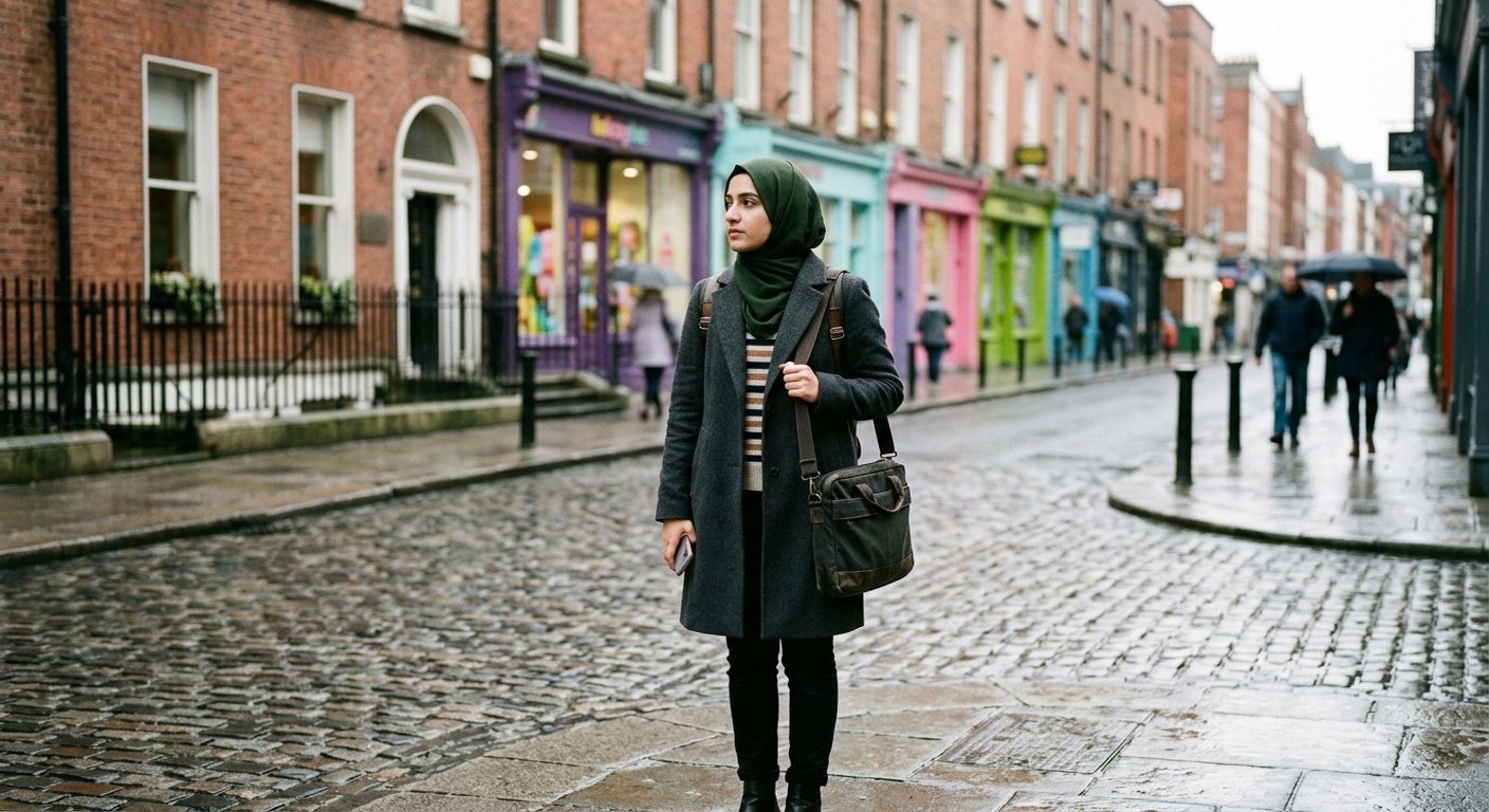Photograph: a young Pakistani woman with a laptop bag standing at a rain-wet Dublin street corner in the morning, considering two directions