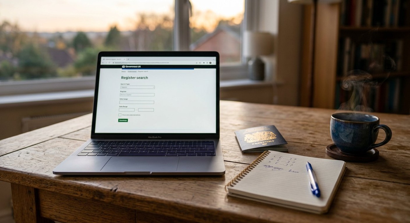 Photograph: a laptop showing an official register search beside a passport and a notepad with handwritten questions, on a desk in warm light