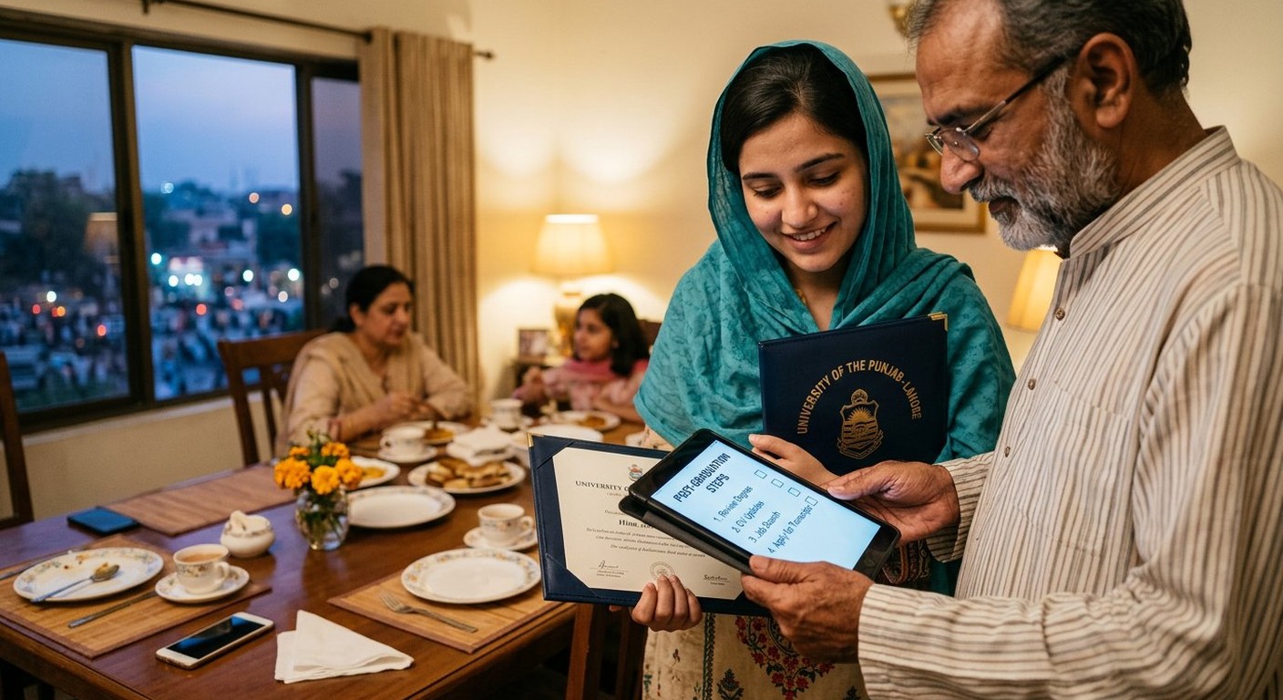Photograph: a young Pakistani graduate holding a degree folder while reading a checklist on a tablet at a family table in warm light
