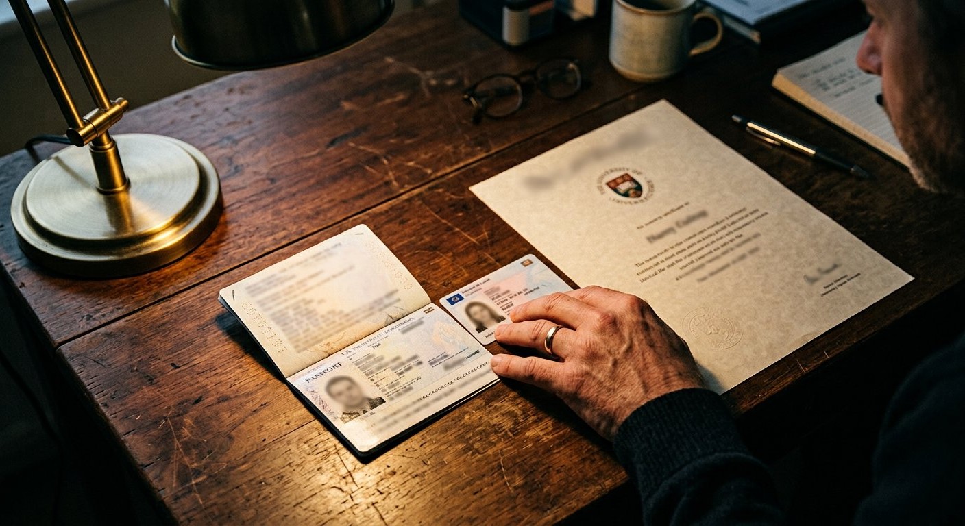 Photograph: identity documents spread on a desk — passport, ID card, degree certificate — with a hand aligning them side by side under a lamp, comparing the names