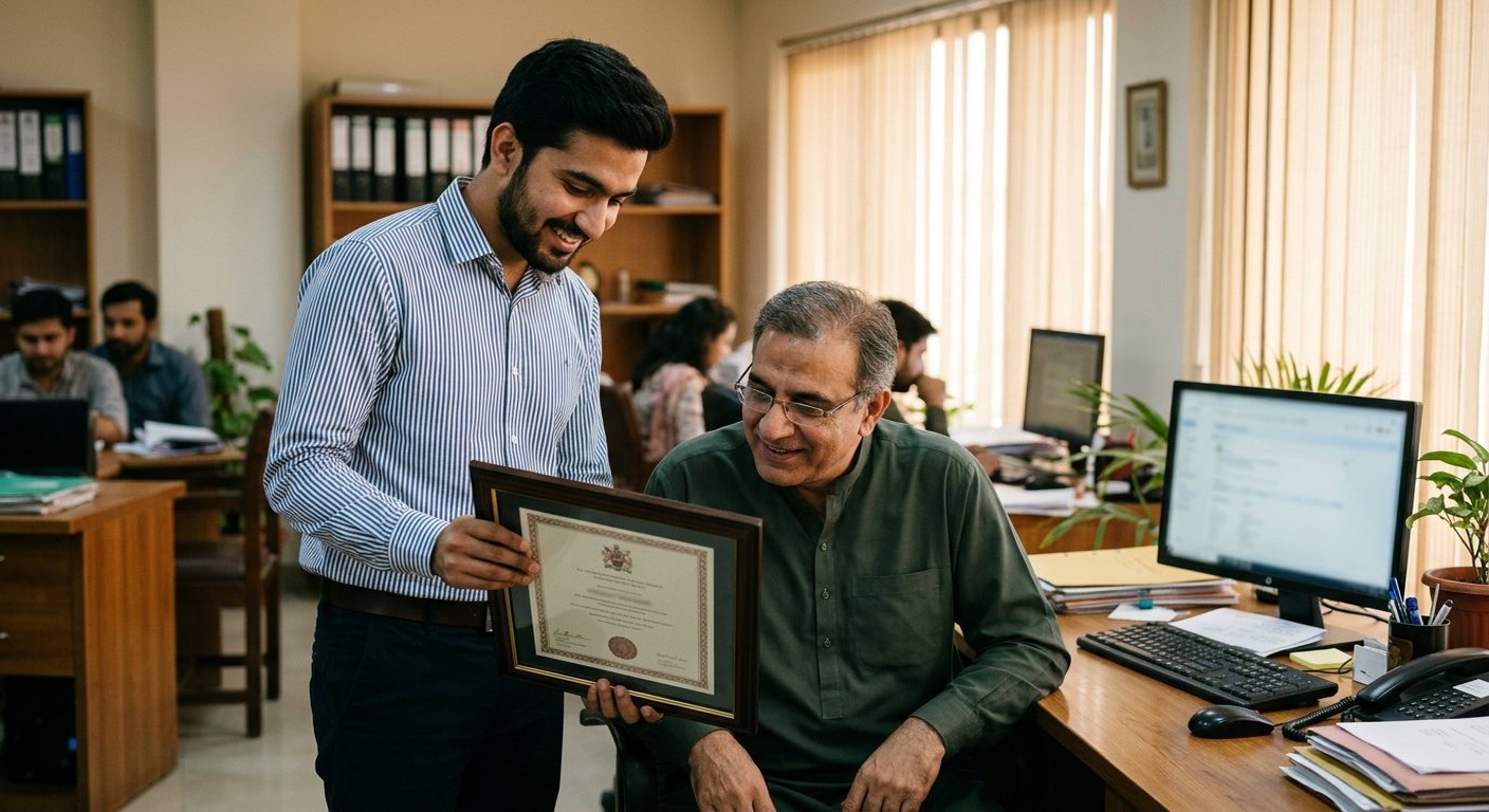 Photograph: a returned graduate in a Lahore office showing his framed UK degree to a senior colleague, both looking at it closely