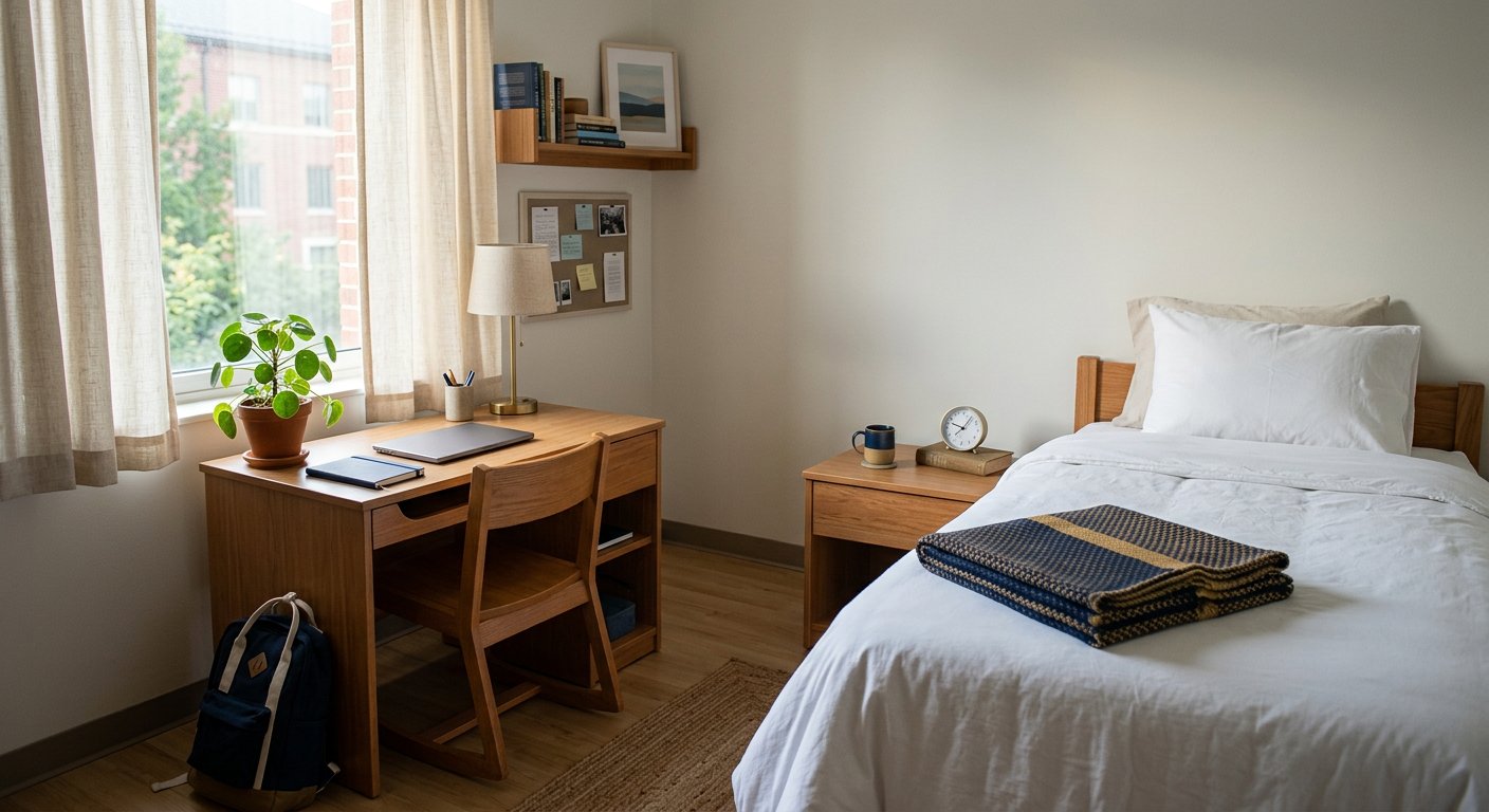 Photograph: a tidy university dormitory room with a neatly made bed, a desk and morning light through curtains, no people