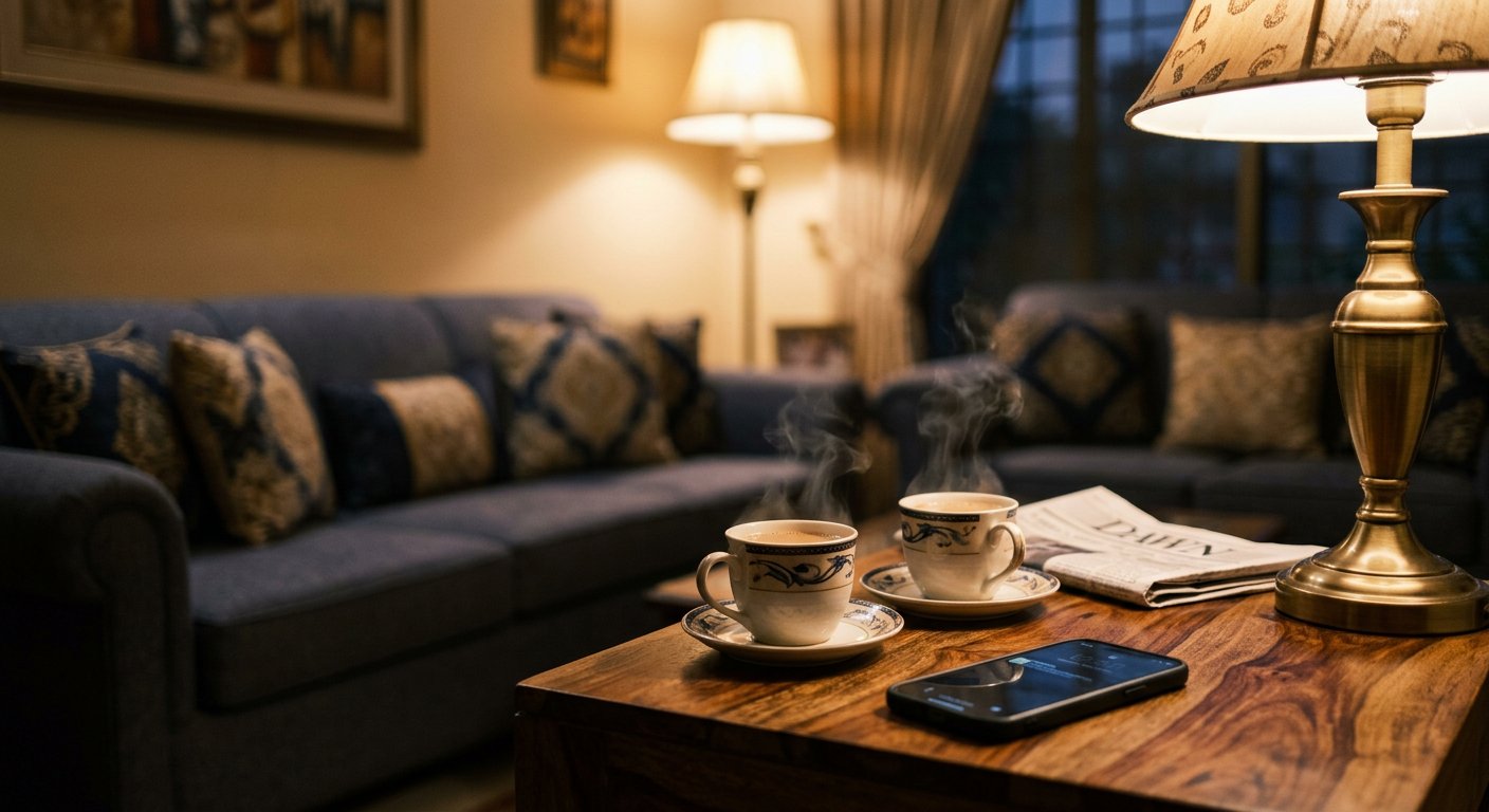 Photograph: two steaming cups of chai on a wooden side table beside a phone in a warm lamplit living room