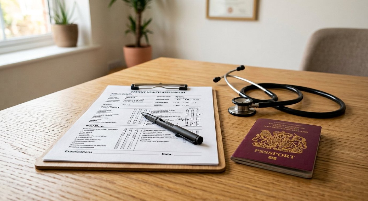 Photograph: a printed medical screening checklist and a passport beside a stethoscope on a clinic table in soft daylight